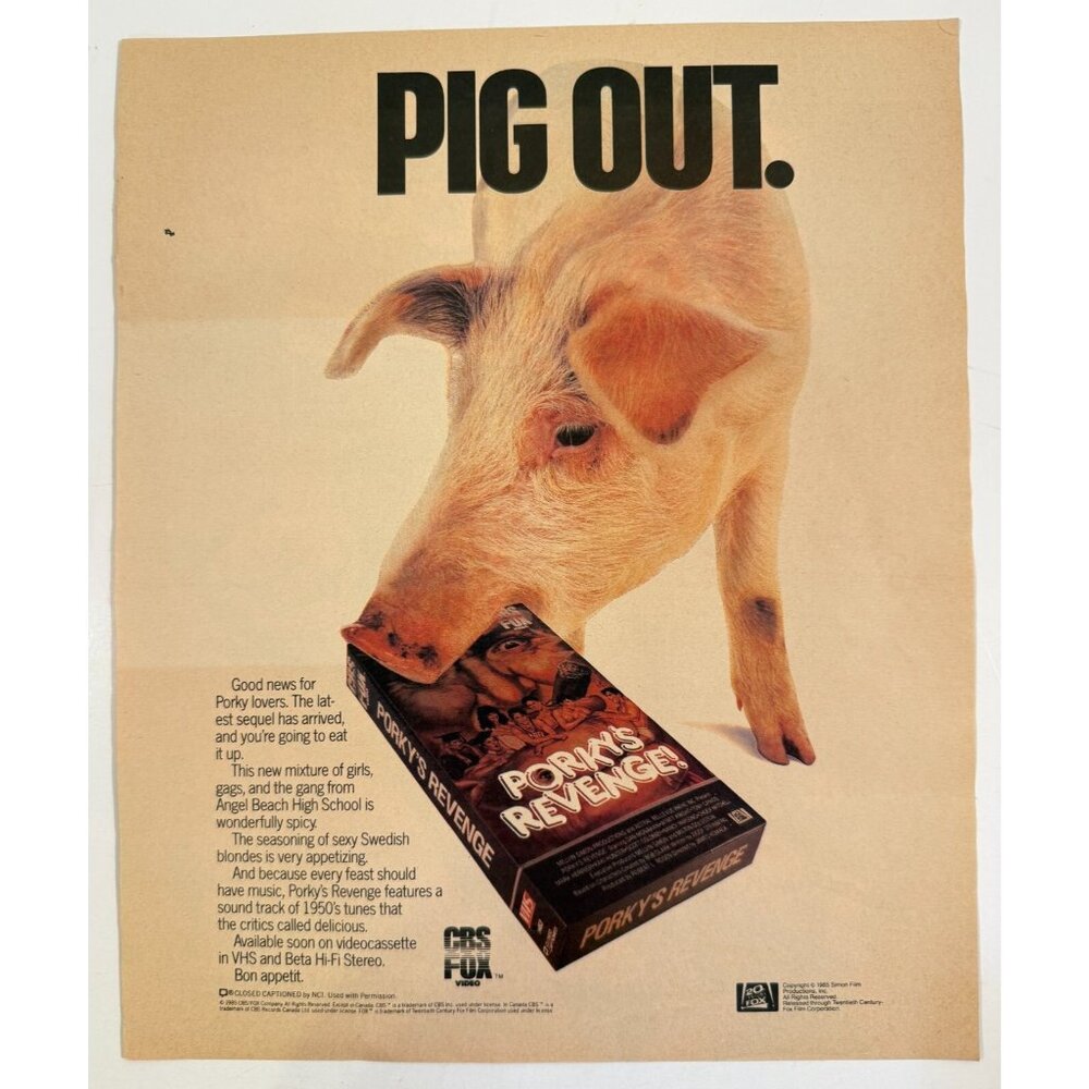 Vintage 1985 Porky's Revenge Movie Pig with VHS Tape Advertisement Print Ad - Picture 1 of 2